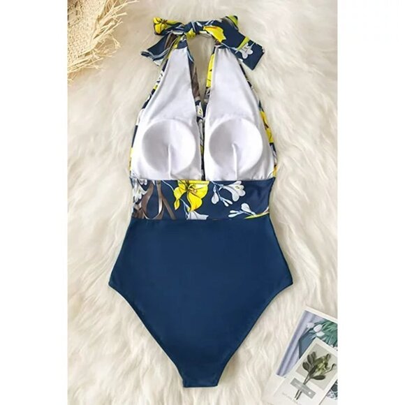CUPSHE TEAL YELLOW FLORAL HALTER TIE PLUNGE V-NECK SWIMSUIT SIZE SMALL NWT - Picture 4 of 7